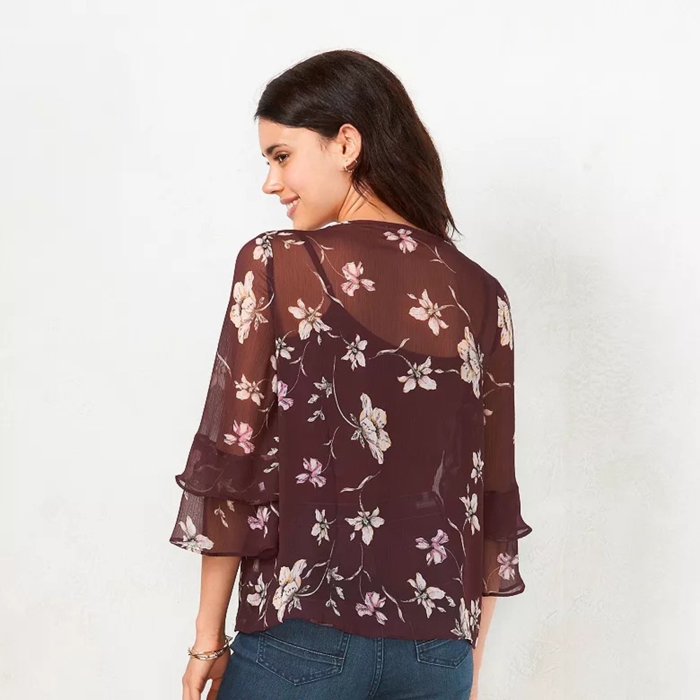 Women's LC Lauren Conrad Ruffle Chiffon Blouse Size L Wine Floral - Picture 2 of 6
